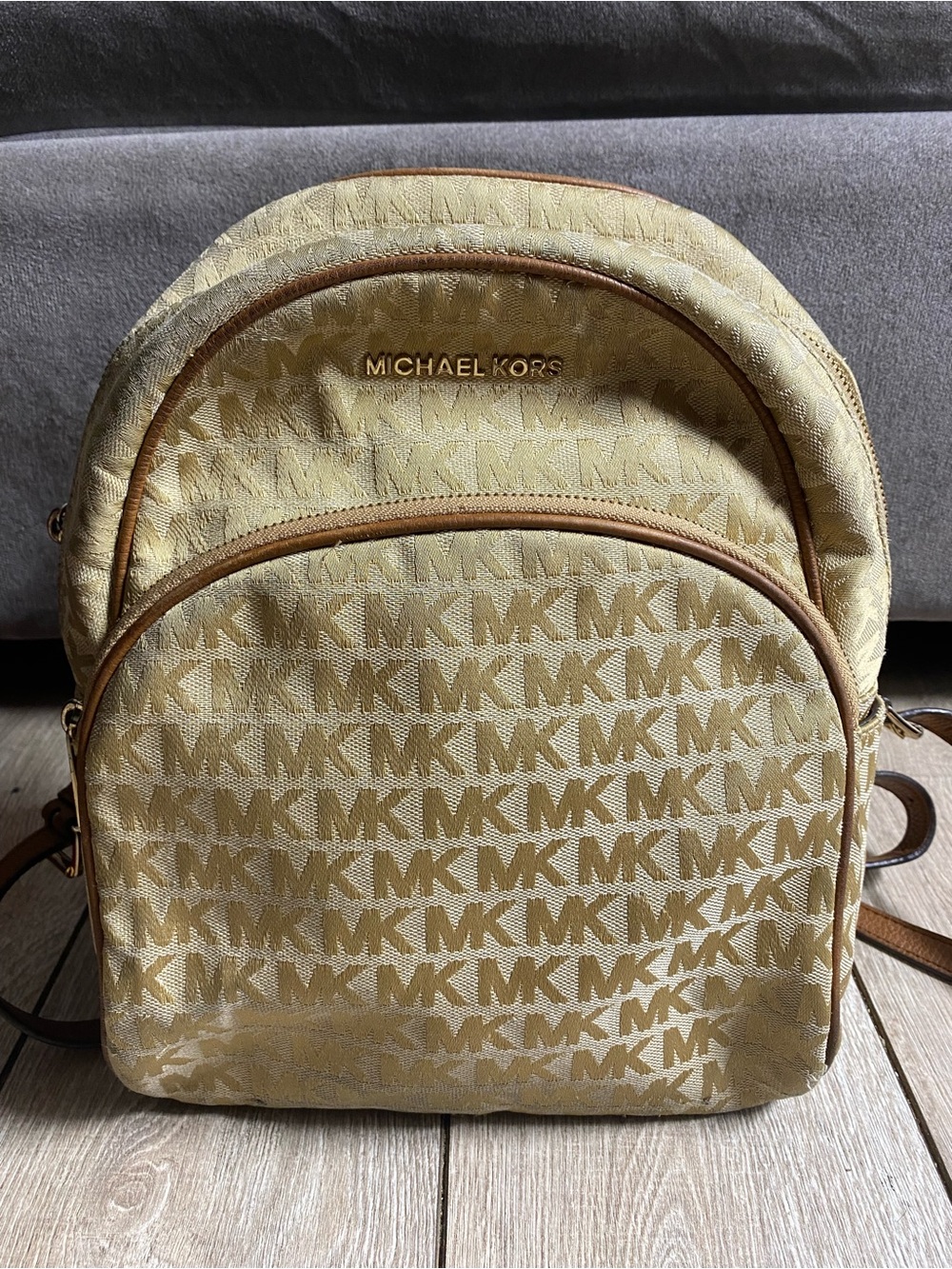 Michael Kors Abbey Backpack MK Signature Jacquard Logo Beige Brown